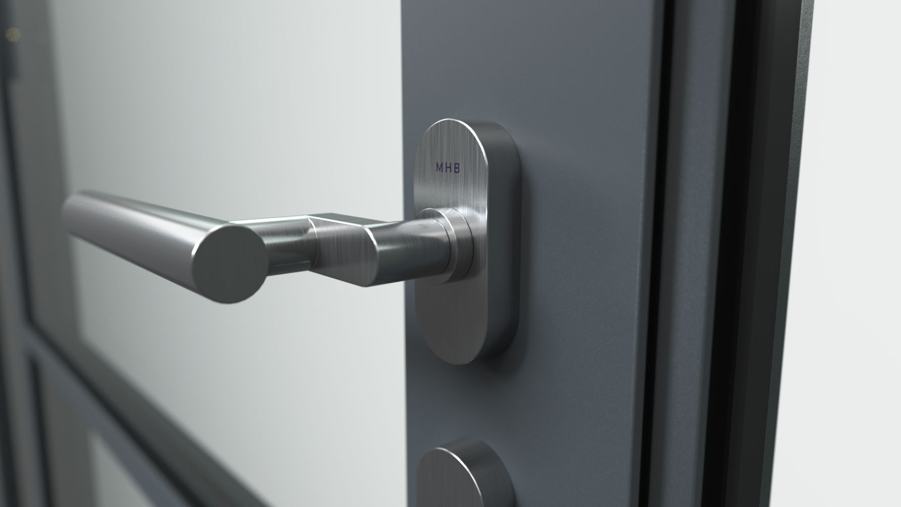 3d closeup of MHB stainless steel handles and escutcheons