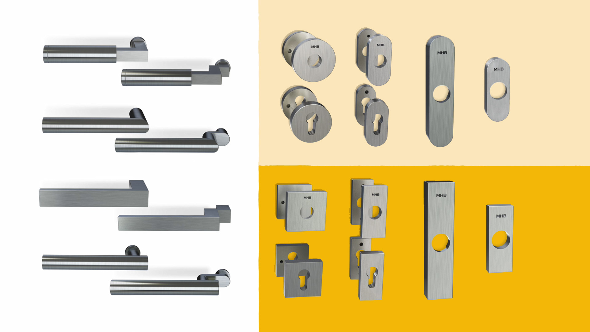 3d rendering overview of all MHB steel handles and escutcheons