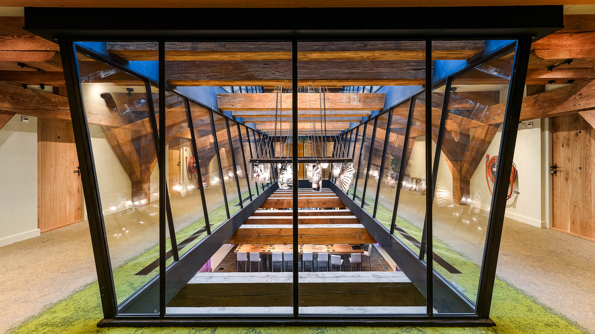 Internal steel glazed partitions at the restaurant het Arsenaal in Woerden, the Netherlands